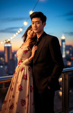 A beautiful artistic portrait featuring popular South Korean actors Lee Jung-suk and IU, both dressed stylishly in modern contemporary fashion