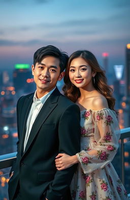 A beautiful artistic portrait featuring popular South Korean actors Lee Jung-suk and IU, both dressed stylishly in modern contemporary fashion