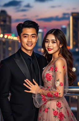 A beautiful artistic portrait featuring popular South Korean actors Lee Jung-suk and IU, both dressed stylishly in modern contemporary fashion