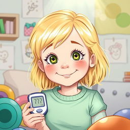 Une illustration d'une jeune fille de 7 ans aux cheveux blonds brillants, affichant un esprit enfantin à travers son visage souriant et ses yeux pétillants