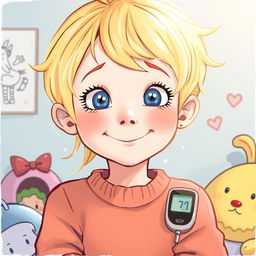 Une illustration d'une jeune fille de 7 ans aux cheveux blonds brillants, affichant un esprit enfantin à travers son visage souriant et ses yeux pétillants