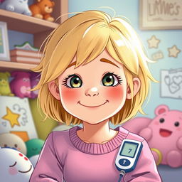 Une illustration d'une jeune fille de 7 ans aux cheveux blonds brillants, affichant un esprit enfantin à travers son visage souriant et ses yeux pétillants