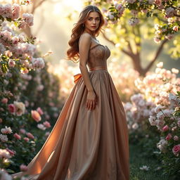 An elegant girl standing gracefully in a full-length flowing dress
