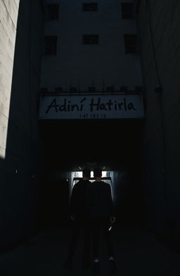 A dramatic underground tunnel beneath a large gray building, dimly lit with shadows cast along the walls