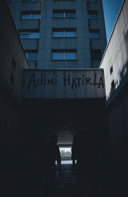 A dramatic underground tunnel beneath a large gray building, dimly lit with shadows cast along the walls