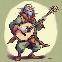 A lively, high-quality illustration that vividly portrays a crazy vagrant as a fantasy Dungeons and Dragons bard