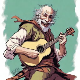 A dynamic, high-quality illustration that vividly portrays a crazy vagrant as a fantasy Dungeons and Dragons bard