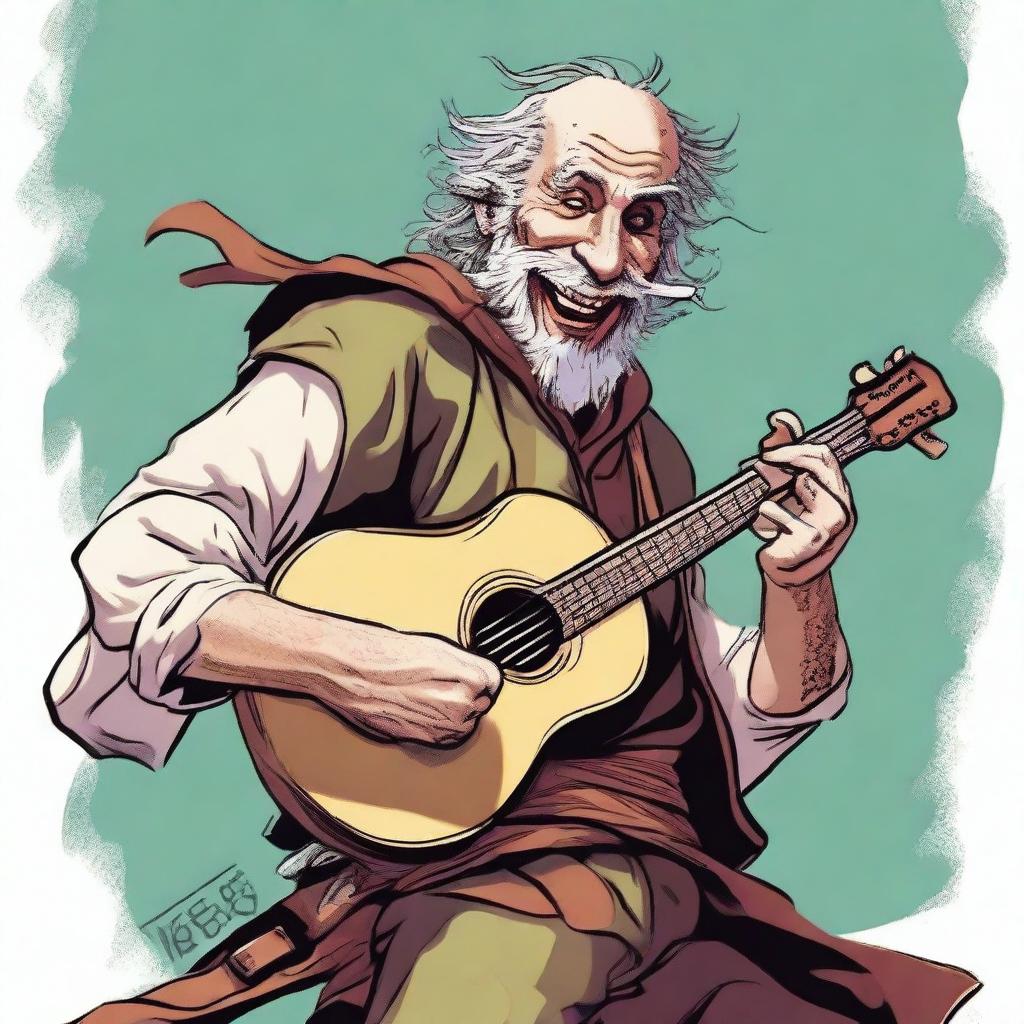 A dynamic, high-quality illustration that vividly portrays a crazy vagrant as a fantasy Dungeons and Dragons bard