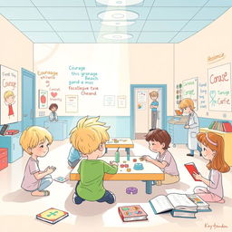 Une illustration inspirante représentant un hôpital transformé en une école où les enfants apprennent des leçons de vie importantes à travers leurs expériences