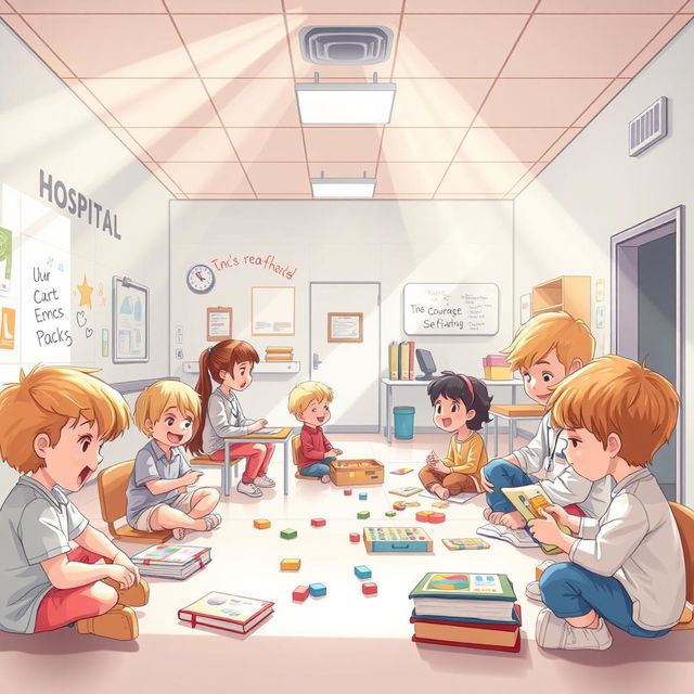 Une illustration inspirante représentant un hôpital transformé en une école où les enfants apprennent des leçons de vie importantes à travers leurs expériences