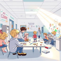 Une illustration inspirante représentant un hôpital transformé en une école où les enfants apprennent des leçons de vie importantes à travers leurs expériences