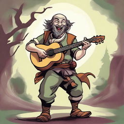 A dynamic, high-quality illustration that vividly portrays a crazy vagrant as a fantasy Dungeons and Dragons bard