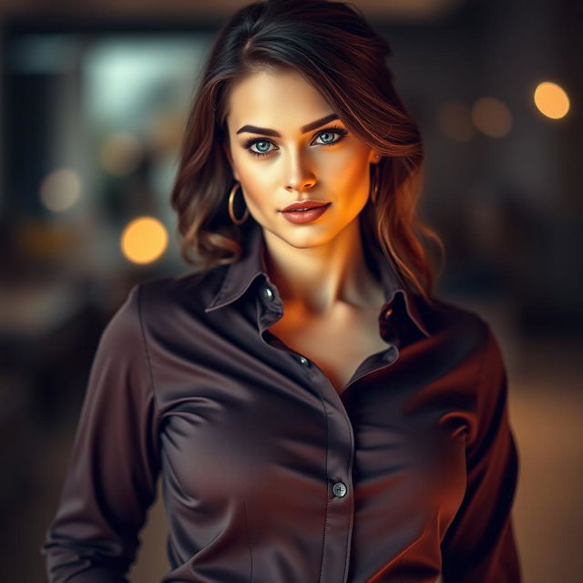 A stunning woman with captivating blue eyes, standing at full height in an engaging pose