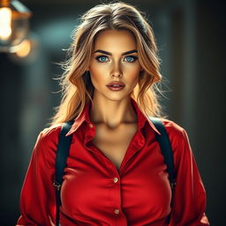 A stunning woman with captivating blue eyes, standing at full height in an engaging pose