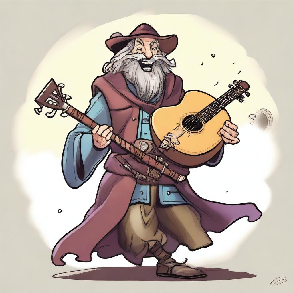 A dynamic, high-quality illustration that vividly portrays a crazy vagrant as a fantasy Dungeons and Dragons bard