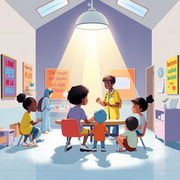 Une illustration inspirante représentant un hôpital comme une école de la vie qui aide les jeunes à grandir
