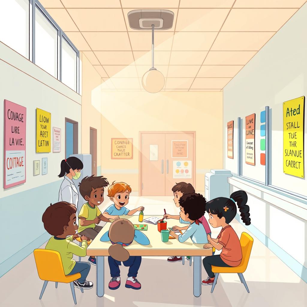 Une illustration inspirante représentant un hôpital comme une école de la vie qui aide les jeunes à grandir