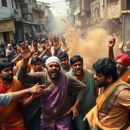 A dynamic and dramatic scene depicting a chaotic clash between groups of Bangladeshi Muslims and Indians in an urban setting