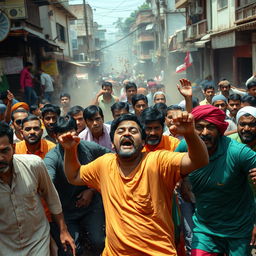 A dynamic and dramatic scene depicting a chaotic clash between groups of Bangladeshi Muslims and Indians in an urban setting