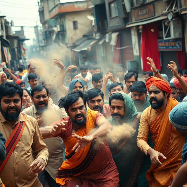 A dynamic and dramatic scene depicting a chaotic clash between groups of Bangladeshi Muslims and Indians in an urban setting