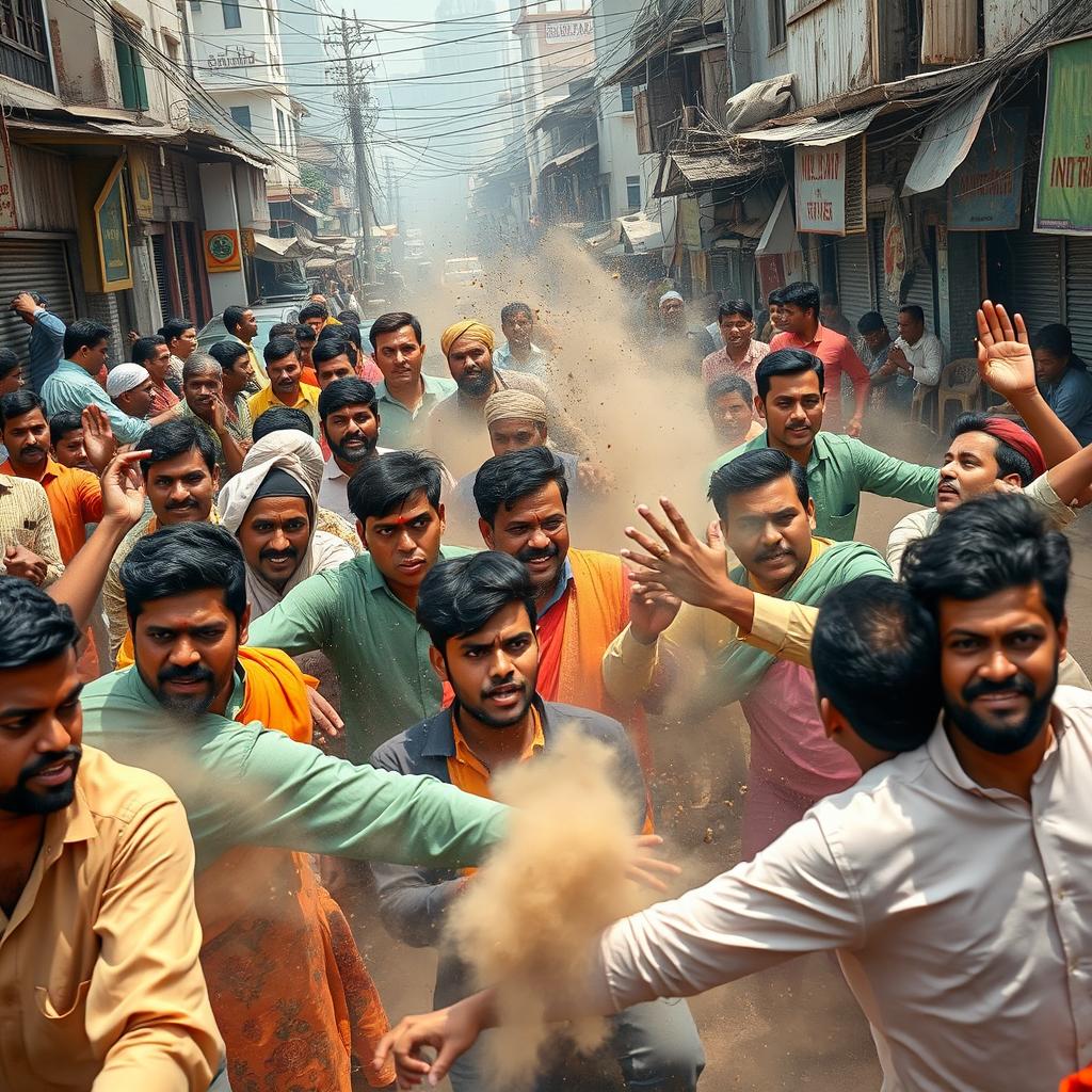 A dynamic and dramatic scene depicting a chaotic clash between groups of Bangladeshi Muslims and Indians in an urban setting