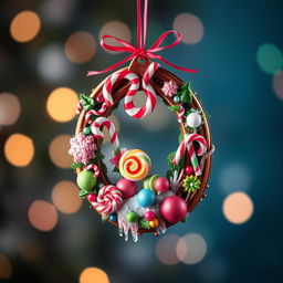 A beautiful Christmas ornament in the shape of a horse's shoe, richly decorated with candy-themed elements