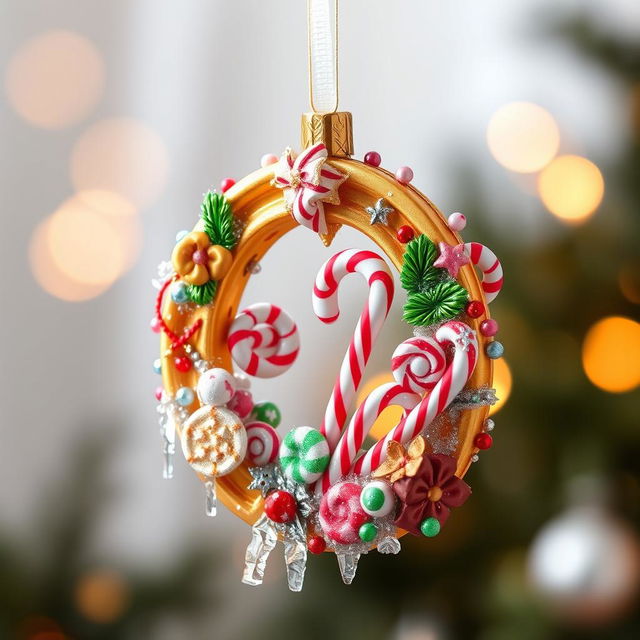 A beautiful Christmas ornament in the shape of a horse's shoe, richly decorated with candy-themed elements