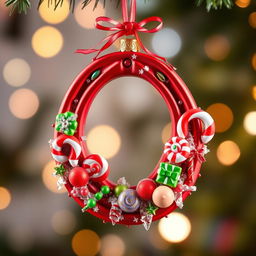 A beautiful Christmas ornament in the shape of a horse's shoe, richly decorated with candy-themed elements