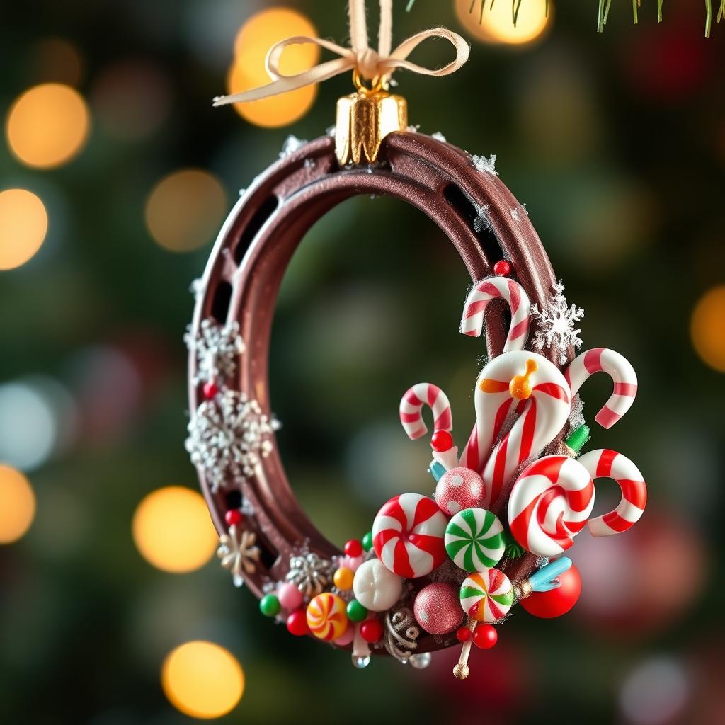 A beautiful Christmas ornament in the shape of a horse's shoe, richly decorated with candy-themed elements