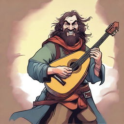 A dynamic, high-quality illustration that vividly portrays a crazy vagrant as a fantasy Dungeons and Dragons bard