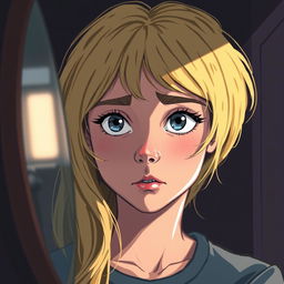 Une illustration d'une fille de 15 ans aux cheveux blonds brillants, capturant son expression de lutte intérieure