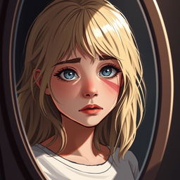 Une illustration d'une fille de 15 ans aux cheveux blonds brillants, capturant son expression de lutte intérieure