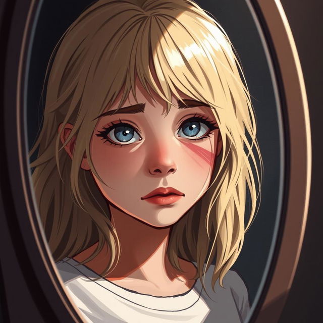 Une illustration d'une fille de 15 ans aux cheveux blonds brillants, capturant son expression de lutte intérieure