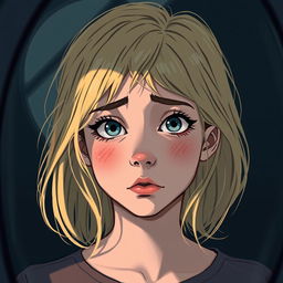 Une illustration d'une fille de 15 ans aux cheveux blonds brillants, capturant son expression de lutte intérieure