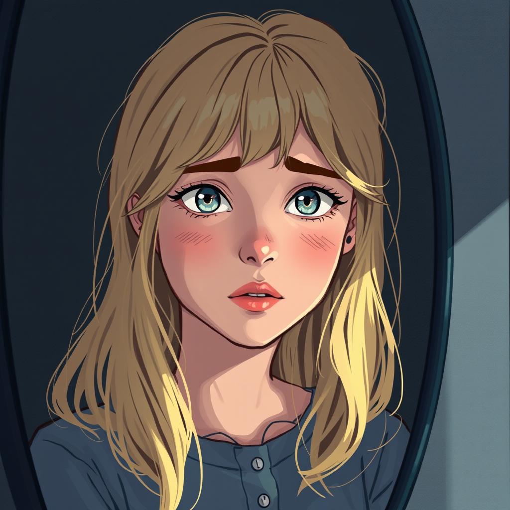 Une illustration d'une fille de 15 ans aux cheveux blonds brillants, capturant son expression de lutte intérieure