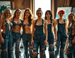 A photorealistic, high-quality image of seven muscular, athletic women with tight, toned bodies and a mix of hair colors including blonde, red, and dark