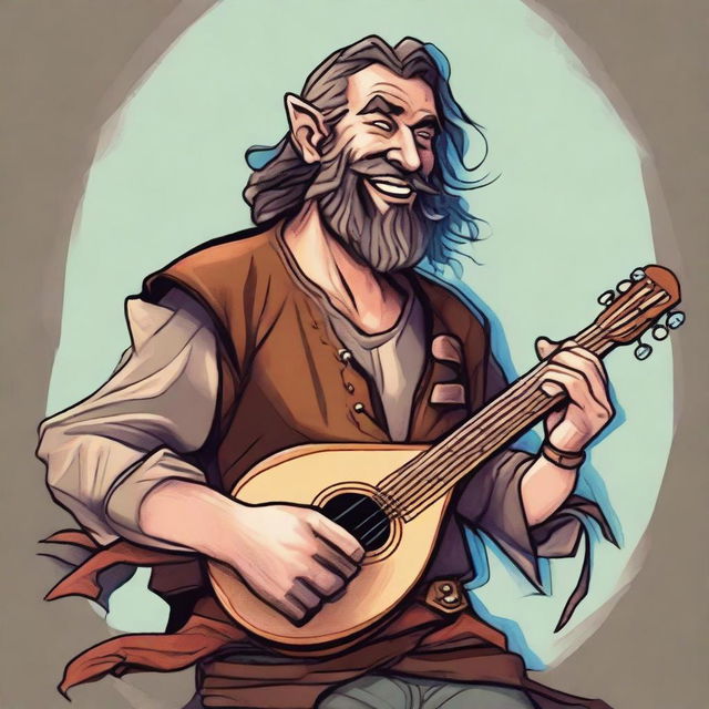 A dynamic, high-quality illustration that vividly portrays a crazy vagrant as a fantasy Dungeons and Dragons bard