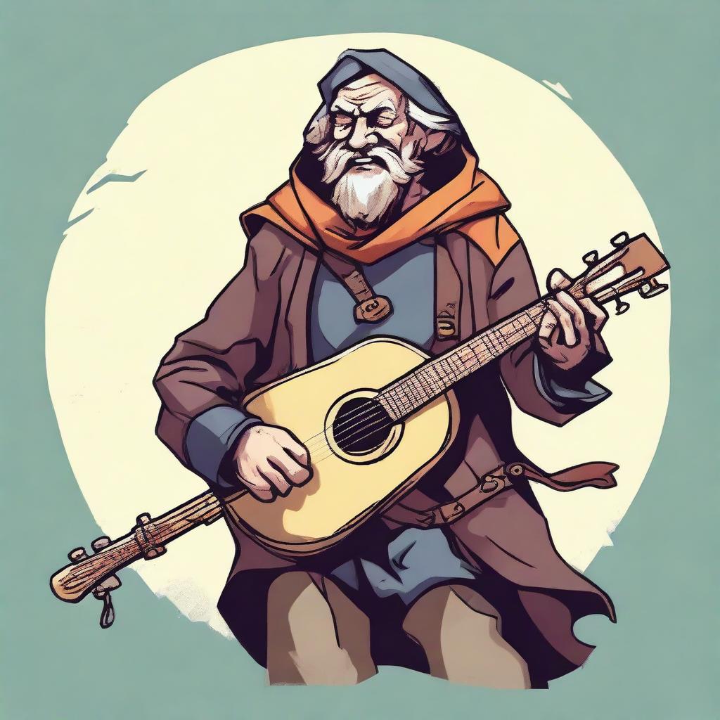 A dynamic, high-quality illustration that vividly portrays a crazy homeless vagrant as a fantasy Dungeons and Dragons bard