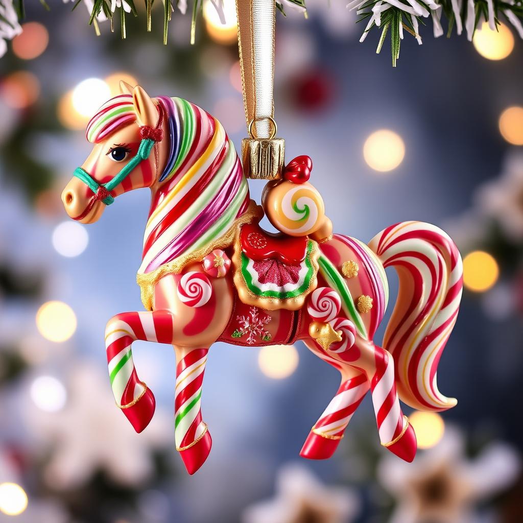 A Christmas ornament shaped like a horse, intricately designed with a candy theme