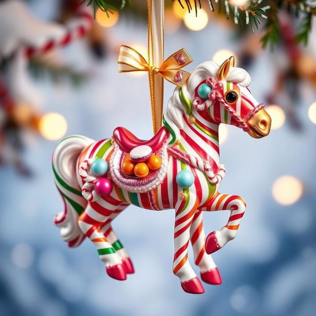 A Christmas ornament shaped like a horse, intricately designed with a candy theme