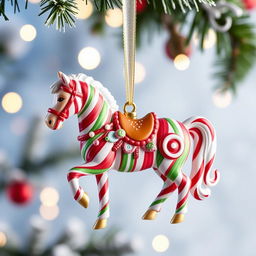 A Christmas ornament shaped like a horse, intricately designed with a candy theme