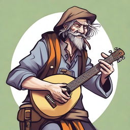 A dynamic, high-quality illustration that vividly portrays a crazy homeless vagrant as a fantasy Dungeons and Dragons bard