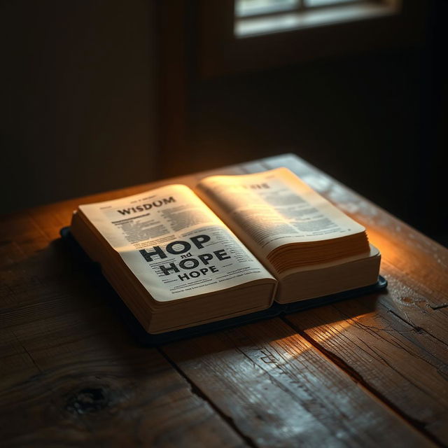 A glowing Bible resting on a rustic wooden table, radiating a soft golden light around it, symbolizing wisdom and hope