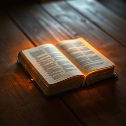A glowing Bible resting on a rustic wooden table, radiating a soft golden light around it, symbolizing wisdom and hope