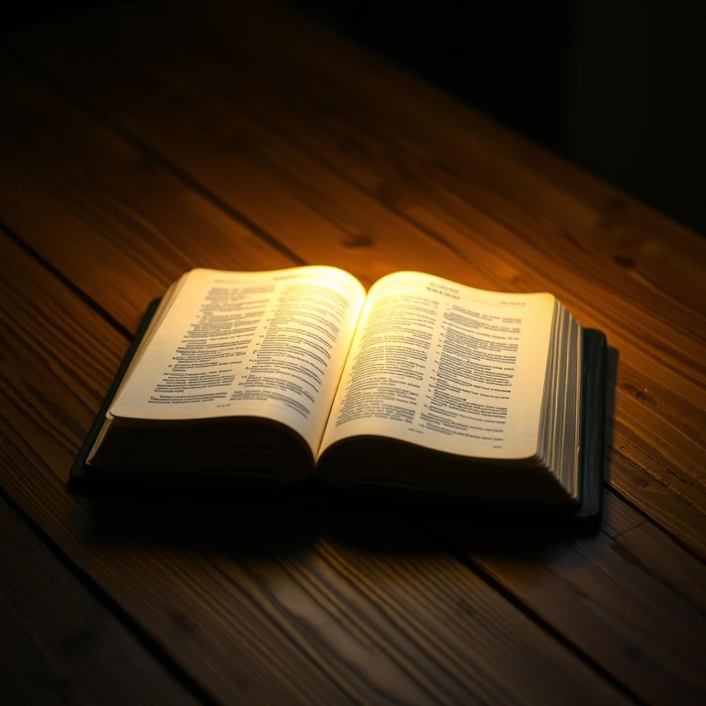 A glowing Bible resting on a rustic wooden table, radiating a soft golden light around it, symbolizing wisdom and hope