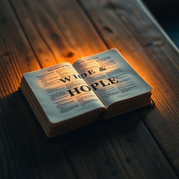 A glowing Bible resting on a rustic wooden table, radiating a soft golden light around it, symbolizing wisdom and hope