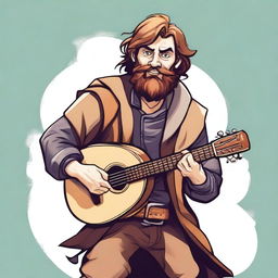 A dynamic, high-quality illustration that vividly portrays a young, bearded, and crazy homeless vagrant as a fantasy Dungeons and Dragons bard