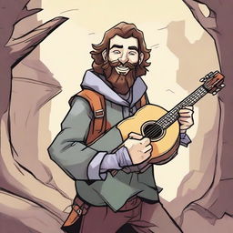 A dynamic, high-quality illustration that vividly portrays a young, bearded, and crazy homeless vagrant as a fantasy Dungeons and Dragons bard