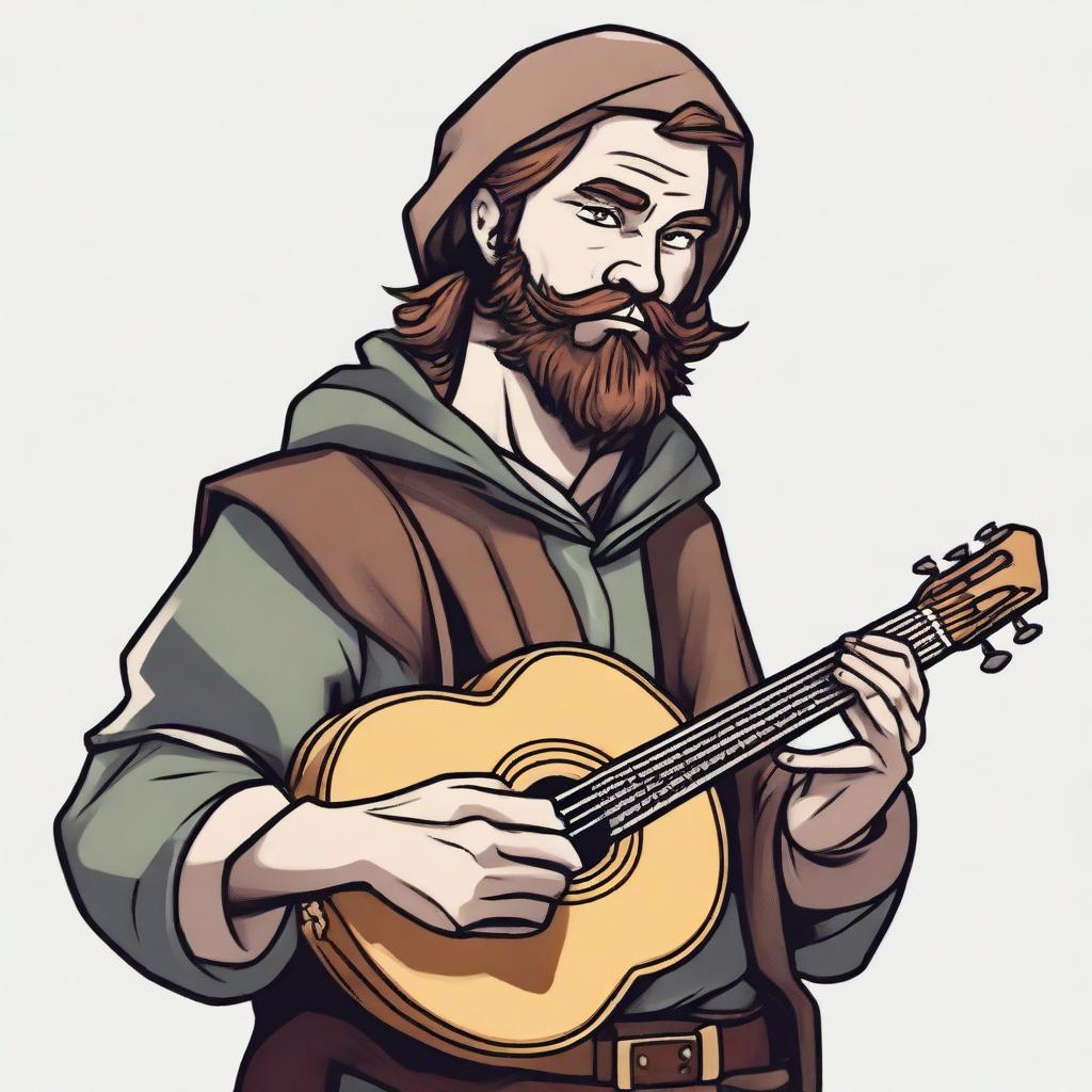 A dynamic, high-quality illustration that vividly portrays a young, bearded, and crazy homeless vagrant as a fantasy Dungeons and Dragons bard