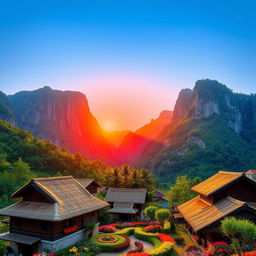 A breathtaking view of the northwestern mountains and lush forests of the H'mong ethnic group, inspired by the song 'The Red Sun Behind the Cliff'
